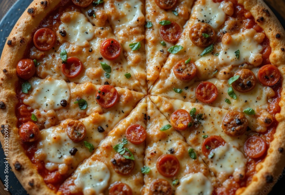 Top view of a delicious freshly baked pizza with a crispy golden crust, gooey melted cheese and colorful toppings Top view of a delicious freshly baked pizza with a crispy golden crust, gooey melted cheese and colorful toppings