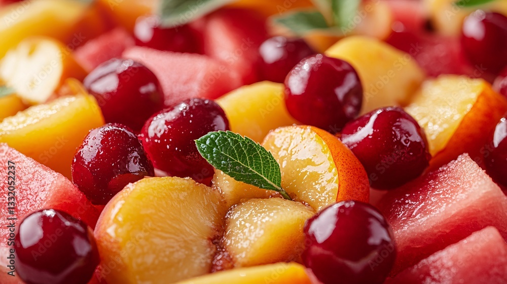 A Refreshing Colorful Fruit Salad Displaying Cherries Peaches and Watermelon A Refreshing Colorful Fruit Salad Displaying Cherries Peaches and Watermelon