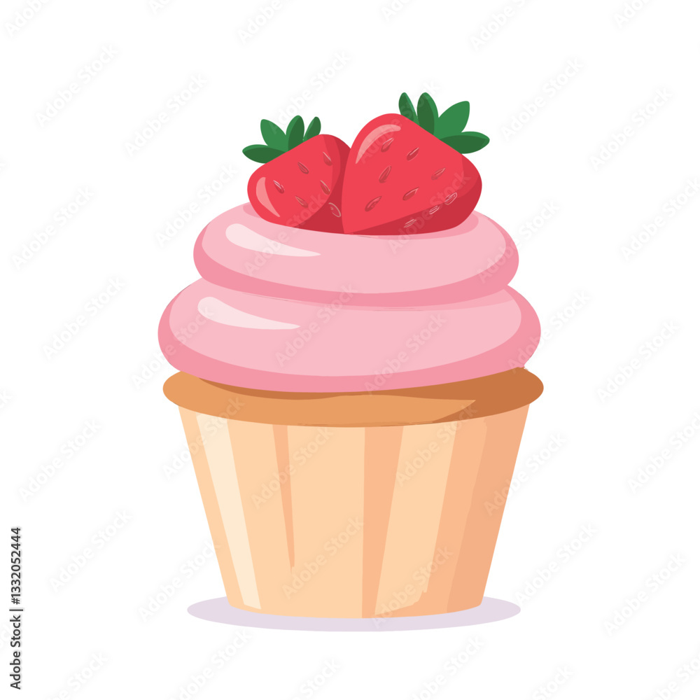 Strawberry Topped Cupcake with Pink Frosting Cartoon Strawberry Topped Cupcake with Pink Frosting Cartoon