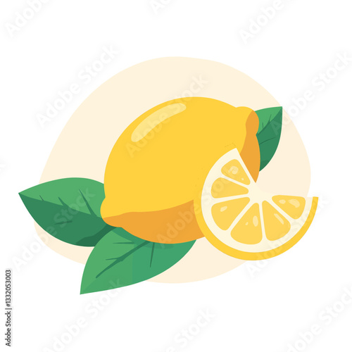 Stylized Lemon with Slice and Leaves Graphic
