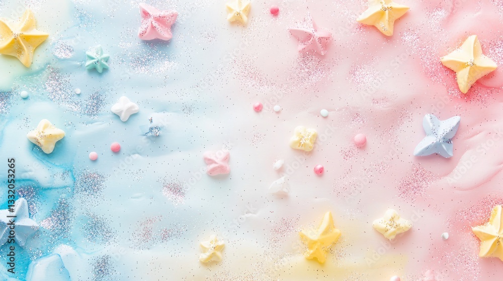 Multicolored pastel backdrop with sparkles and whimsical elements for child's celebration Multicolored pastel backdrop with sparkles and whimsical elements for child's celebration