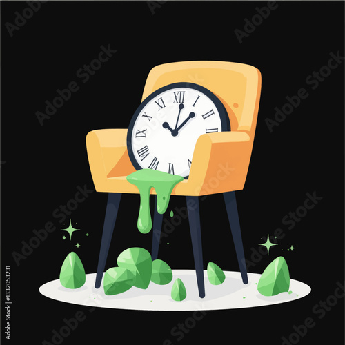 Surreal clock melting on chair with green gem stones