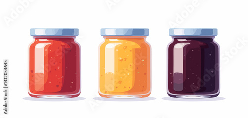 Three jars with red, orange, and purple jam vector graphic