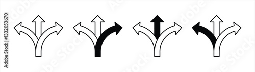Three road icon selection. three-way arrow sign. Road, highway, direction, branch, arrow sign vector illustration