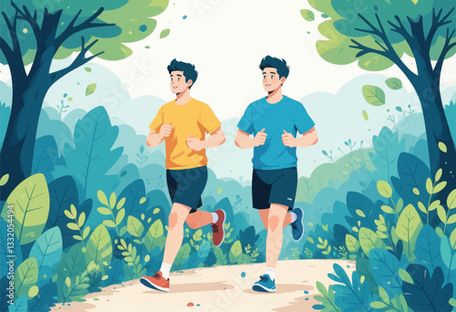 Two men jogging together through a lush green parkland