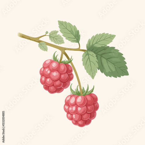 Watercolor Raspberry Branch with Green Leaves