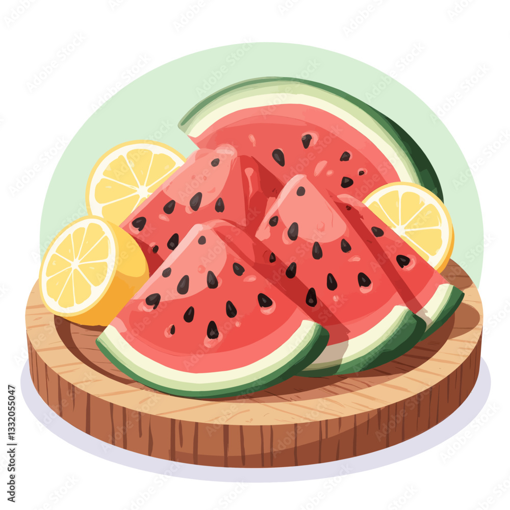 Watermelon slices with lemons on wooden board still life Watermelon slices with lemons on wooden board still life