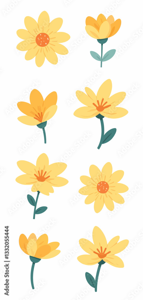 Obraz premium Whimsical Yellow Flower Cartoon Set on White