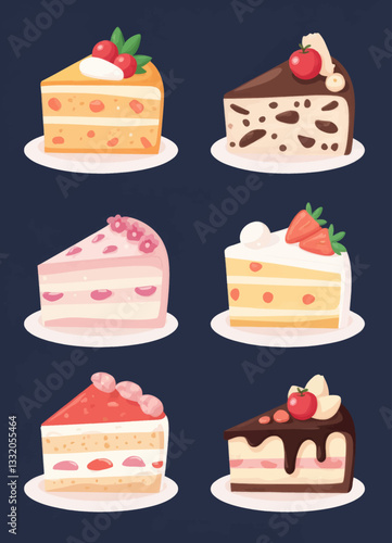 Whimsical cake slices on a navy background vector image