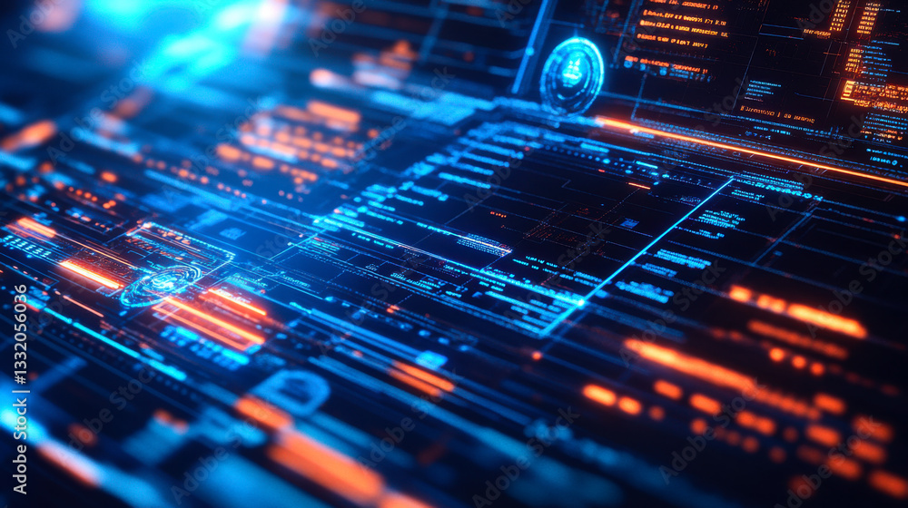 Vivid technological design showcasing digital circuitry and glowing elements in a modern abstract space Vivid technological design showcasing digital circuitry and glowing elements in a modern abstract space