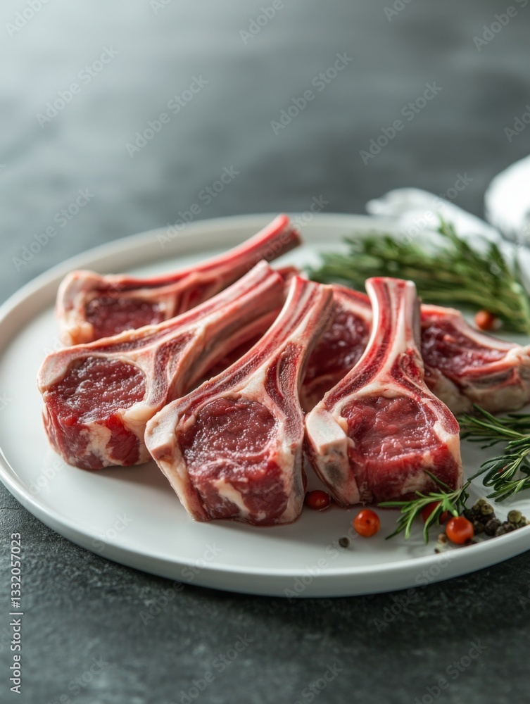Raw lamb chops arranged with fresh herbs on a plate, showcasing a gourmet culinary setting ideal for food preparation and exquisite dining experiences. Raw lamb chops arranged with fresh herbs on a plate, showcasing a gourmet culinary setting ideal for food preparation and exquisite dining experiences.