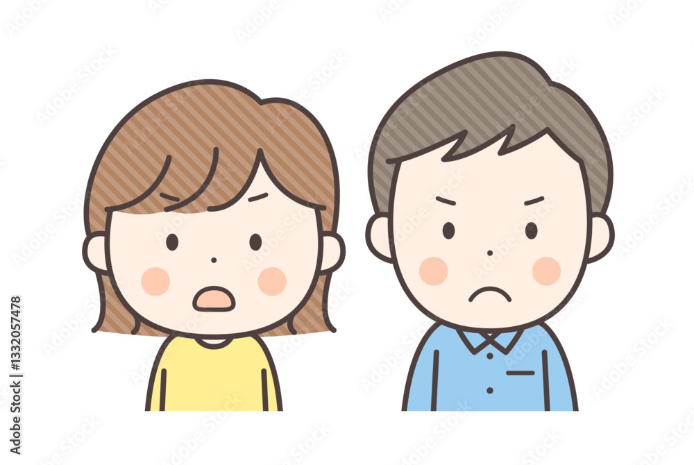 怒り顔の若い夫婦の上半身イラスト 怒り顔の若い夫婦の上半身イラスト