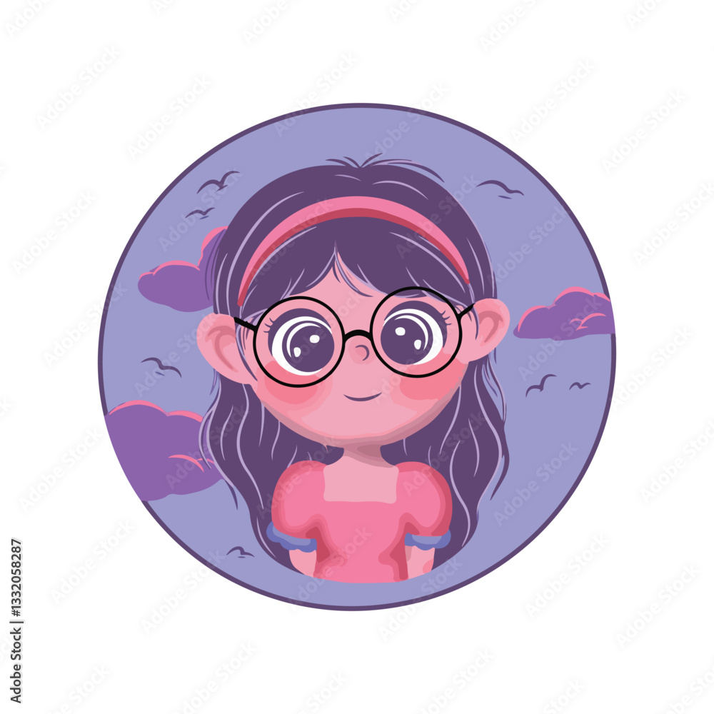Cute cartoon girl with glasses. Vector illustration in a circle. Cute cartoon girl with glasses. Vector illustration in a circle.
