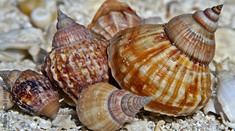 Seashells on sandy beach, close-up view, sunlight, ocean background, nature photography for website or print Seashells on sandy beach, close-up view, sunlight, ocean background, nature photography for website or print