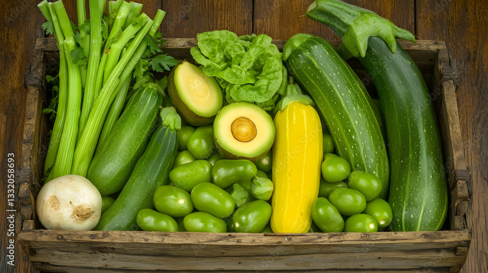 Wooden crate of fresh green vegetables, including zucchini, avocado, and celery, on a rustic wooden surface; healthy eating concept Wooden crate of fresh green vegetables, including zucchini, avocado, and celery, on a rustic wooden surface; healthy eating concept