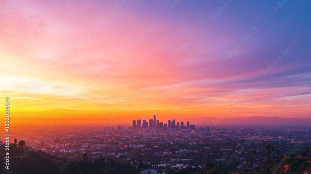 Naklejka premium Vivid colorful sunset paints a city skyline with bright hues