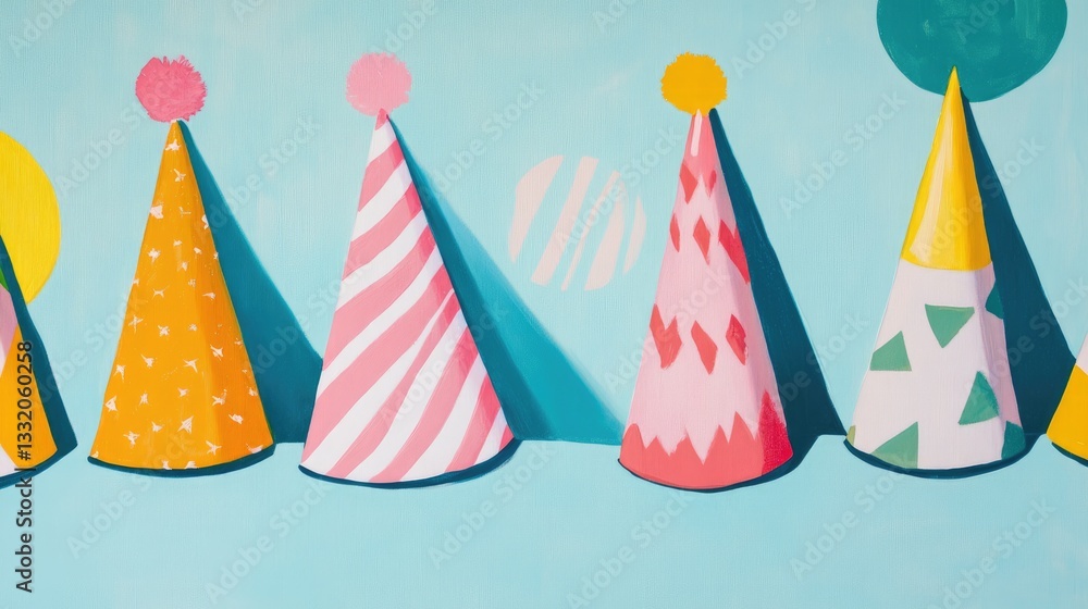 Vibrant party hats on pale blue backdrop Vibrant party hats on pale blue backdrop