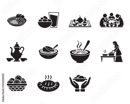 Eid Food and Feasting Icons set. Editable minimalist and outline vector icons.