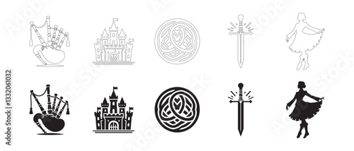 Scottish Heritage Icons Set. Editable minimalist and outline vector icons.