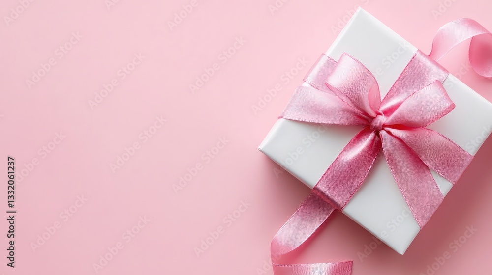 White gift box with pink ribbon on pink background with mockup card. Occasion banner with copy space. White gift box with pink ribbon on pink background with mockup card. Occasion banner with copy space.
