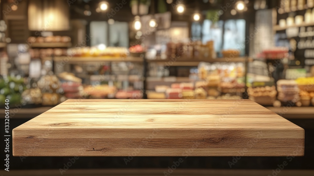 Wooden counter on blurred bokeh background for food and retail display Wooden counter on blurred bokeh background for food and retail display
