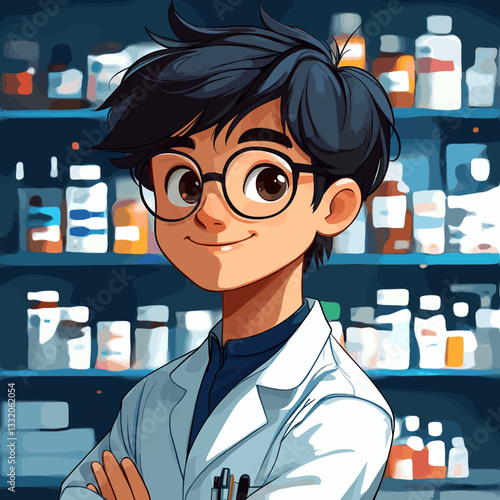 Illustration of a young pharmacist or scientist in a lab coat, standing confidently with crossed arms, surrounded by shelves of medicine bottles, symbolizing curiosity, expertise, and professionalism