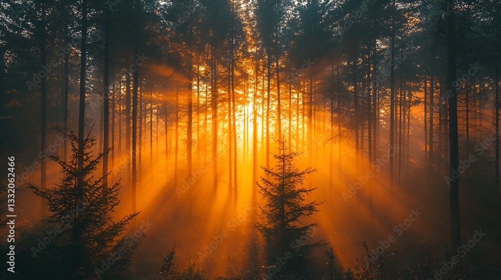 Golden Sunrise Through Misty Forest Golden Sunrise Through Misty Forest