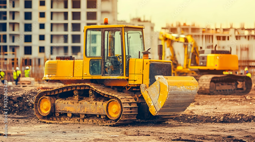 Yellow bulldozer on construction site, city background, urban development, heavy machinery Yellow bulldozer on construction site, city background, urban development, heavy machinery