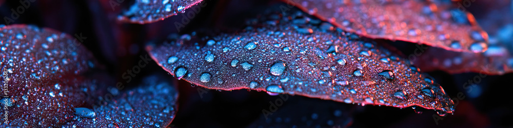 Obraz premium Dew-Covered Leaves with Blue and Orange Illumination