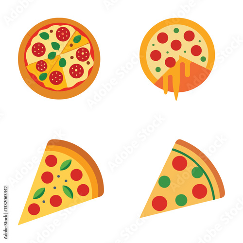 Vector set of pizza icons with toppings like cheese, pepperoni, vegetables, and sausage for a tasty Italian meal