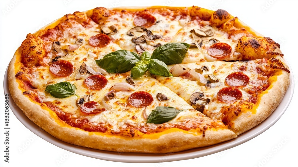 Food diversity international cultural. A delicious, freshly baked pizza topped with pepperoni, mushrooms, and fresh basil on a golden crust, served on a white plate. Food diversity international cultural. A delicious, freshly baked pizza topped with pepperoni, mushrooms, and fresh basil on a golden crust, served on a white plate.