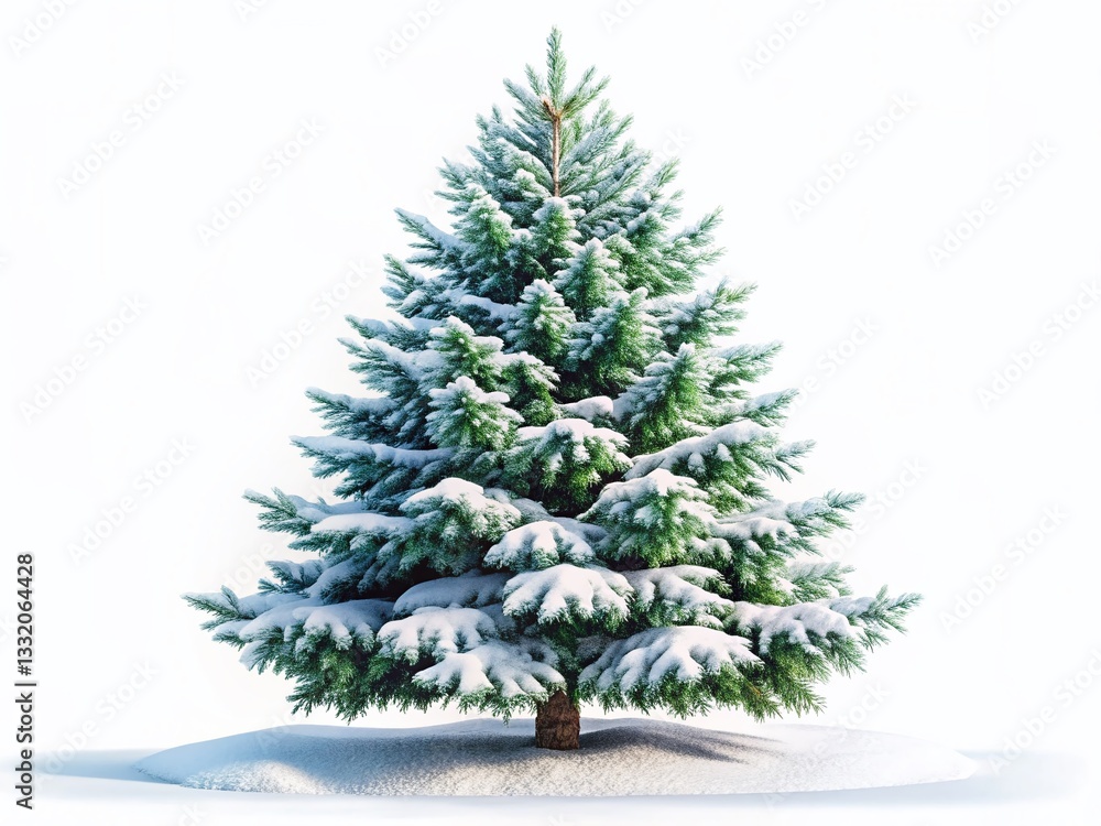 Fototapeta premium Solitary Snow-Covered Evergreen Tree on a White Background - Winter Landscape Stock Photo