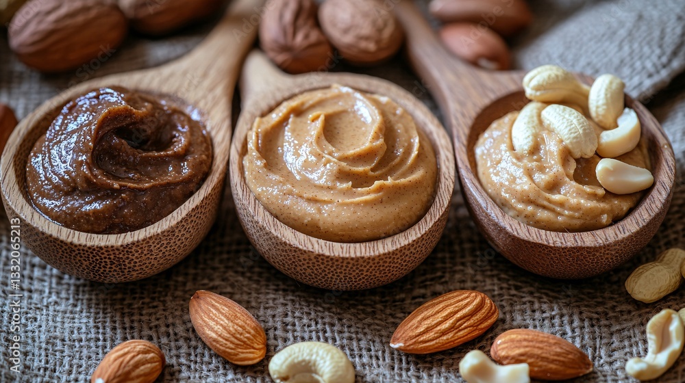 Fototapeta premium Three Wooden Spoons Holding Different Nut Butters with Nuts