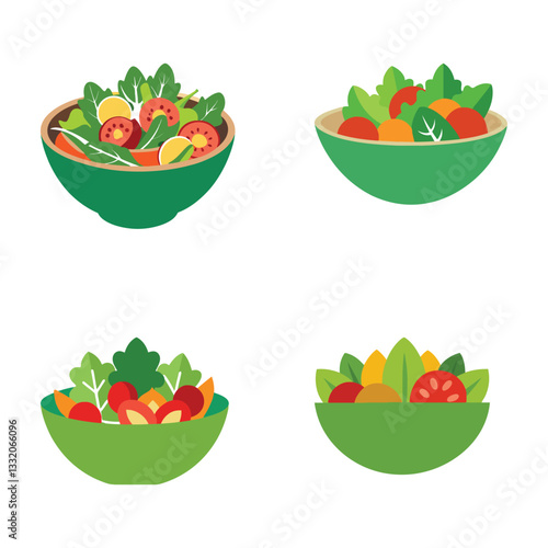 Set of Christmas icons and fresh green salad with vegetables and fruits in a bowl