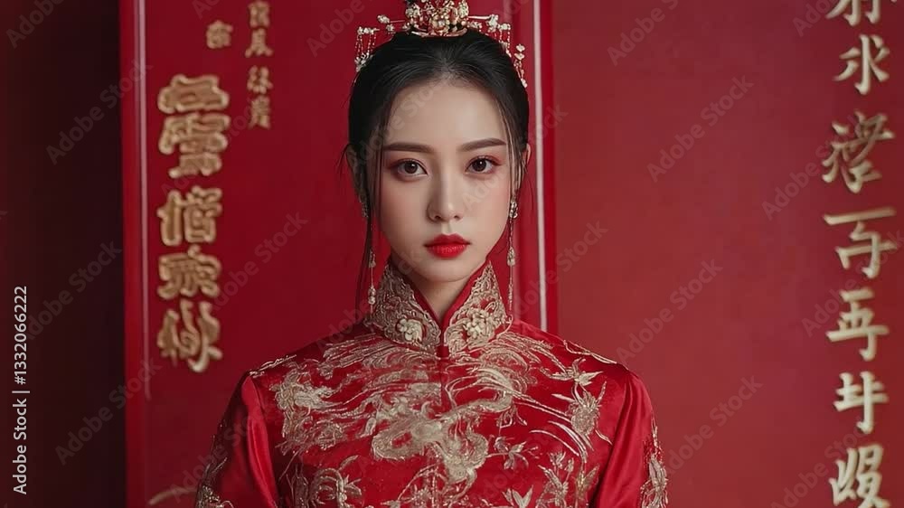 Elegant asian woman in traditional red attire poses against a rich red background during a cultural celebration Elegant asian woman in traditional red attire poses against a rich red background during a cultural celebration