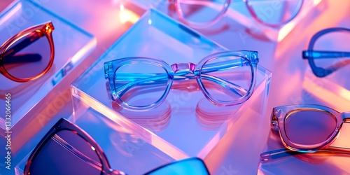 Stylish glasses displayed in vibrant colors. This image captures an array of trendy eyewear. Each pair is unique in style and design, ideal for fashion enthusiasts. AI