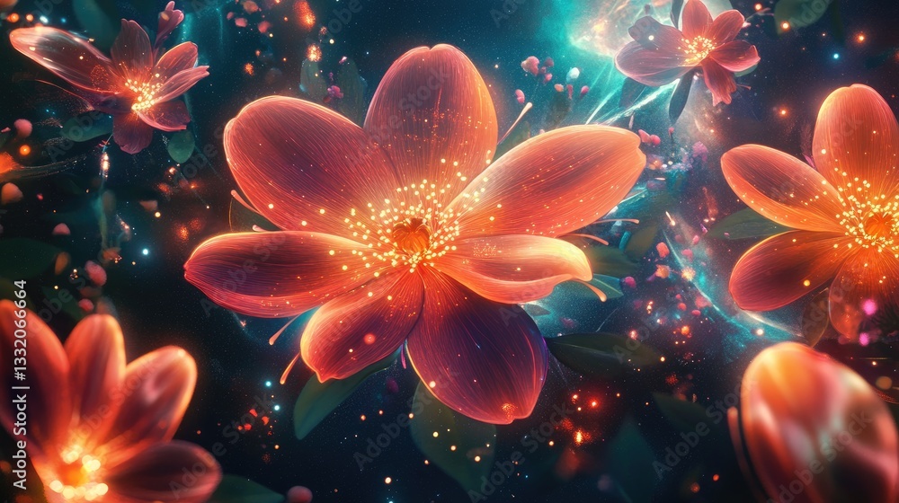 Vibrant Close-Up of Luminescent Flowers with Sparkling Effects in Abstract Background Vibrant Close-Up of Luminescent Flowers with Sparkling Effects in Abstract Background