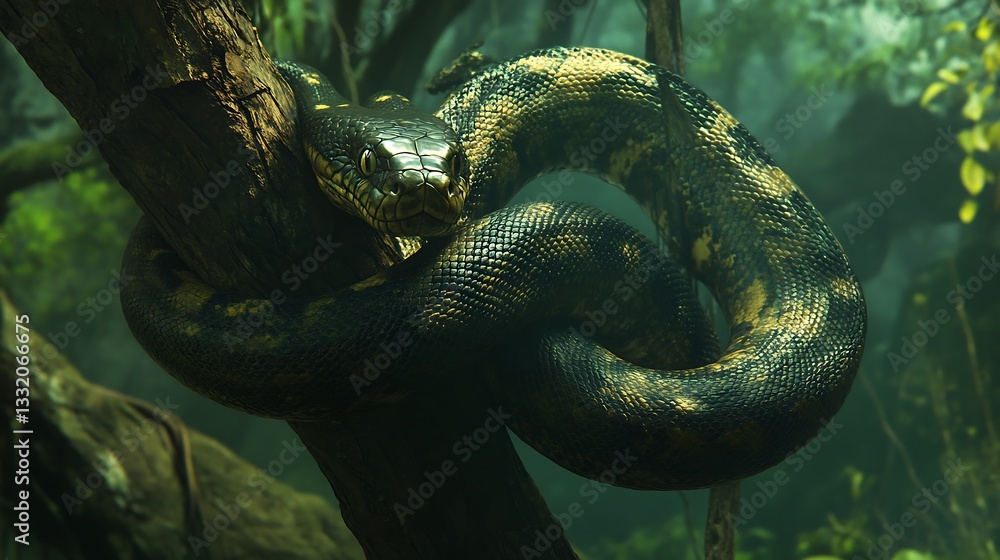 Naklejka premium Mighty anaconda coiled around a tree branch its body thick and powerful