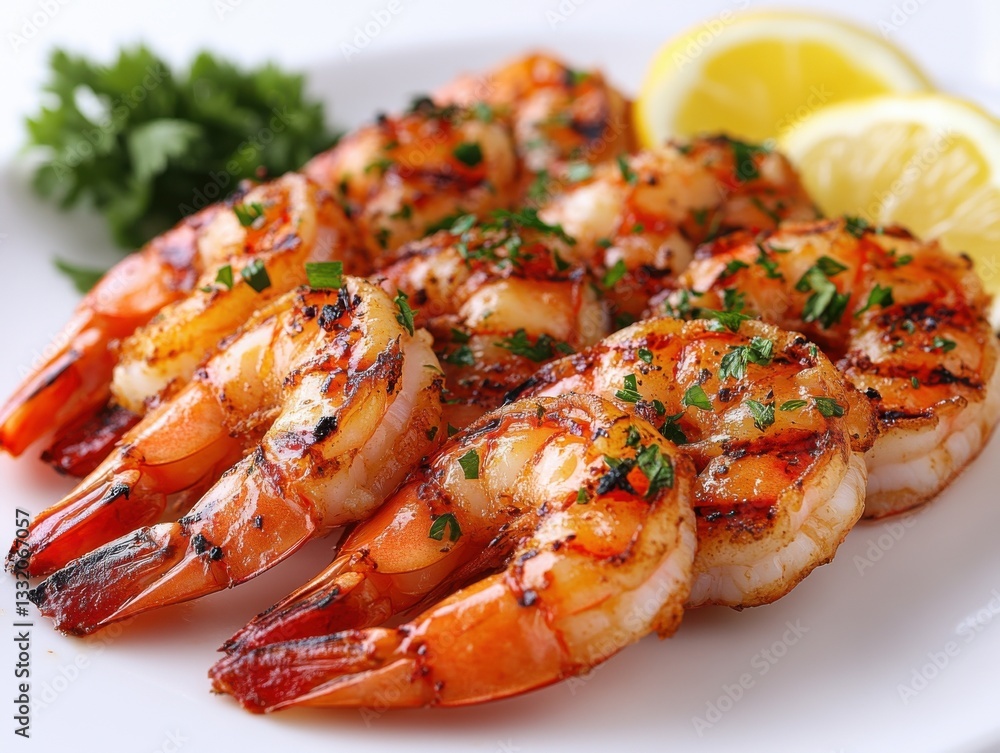 Grilled shrimp with herbs and lemon slices on a white plate