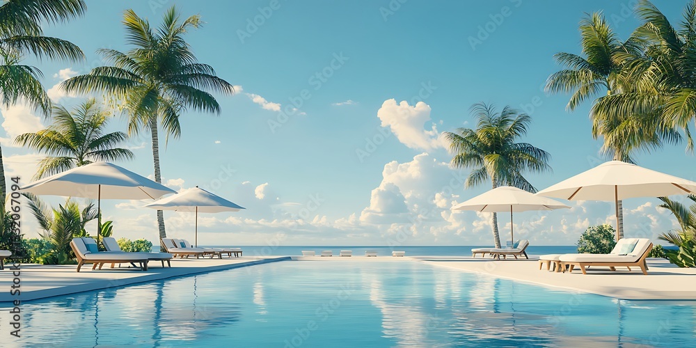 a pool with umbrellas and chairs in the middle of a body of water a pool with umbrellas and chairs in the middle of a body of water