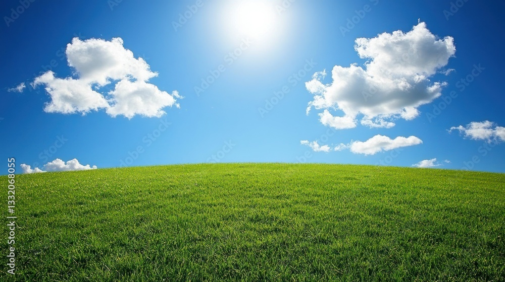 Obraz premium A green grassy hill beneath a clear blue sky with clouds and sun
