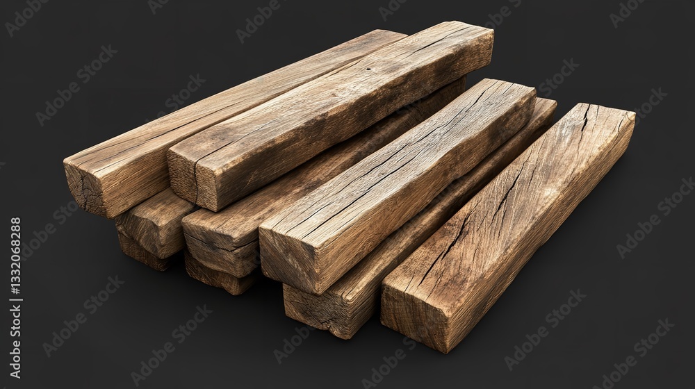A stack of weathered wooden beams resting on a dark surface with visible wood grain and cracks detail A stack of weathered wooden beams resting on a dark surface with visible wood grain and cracks detail