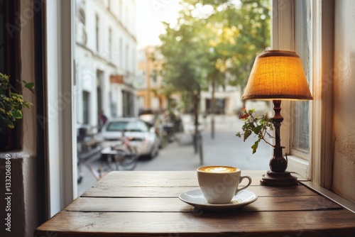 Cozy coffee shop corner with warm light and a rustic wooden table overlooking the street Generative AI
