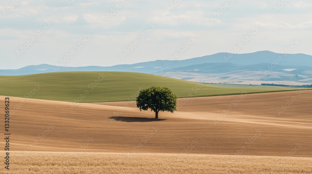 Fototapeta premium Solitary Green Tree in Rolling Hills Rural Landscape