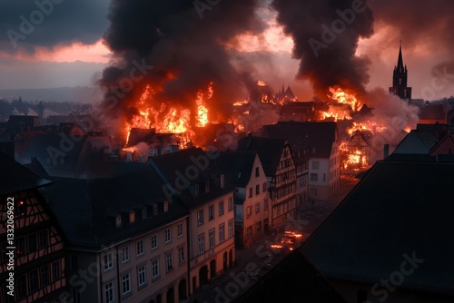 Darkened European city in turmoil as multiple fires rage and smoke fills the night sky Generative AI