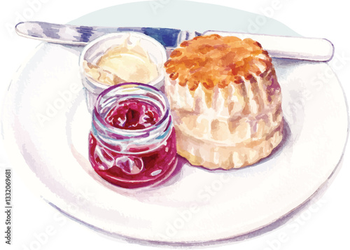 Watercolor Scone with Jam and Cream on White Plate