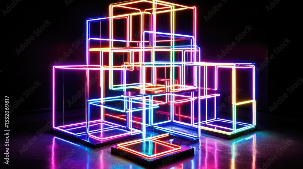 Vibrant Neon Light Display with Geometric Shapes in a Dark Environment for Artistic and Modern Decor Vibrant Neon Light Display with Geometric Shapes in a Dark Environment for Artistic and Modern Decor