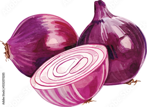 Red Onions, Watercolor Illustration Isolated on White