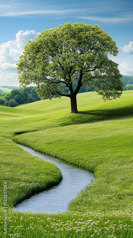 Fototapeta premium Solitary Tree by a Stream in a Sunlit Green Meadow