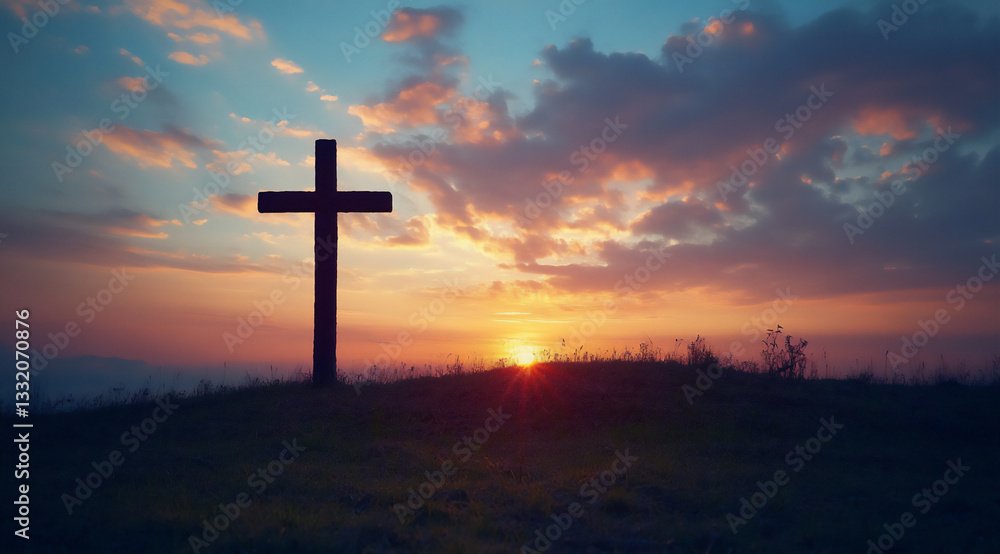 a silhouette of the cross on a hilltop with a beautiful sunset sky in the a silhouette of the cross on a hilltop with a beautiful sunset sky in the